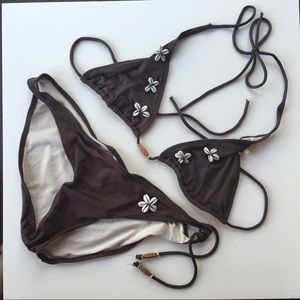 Xhiliration Brown Bikini with gold beads and shells, size L and XL